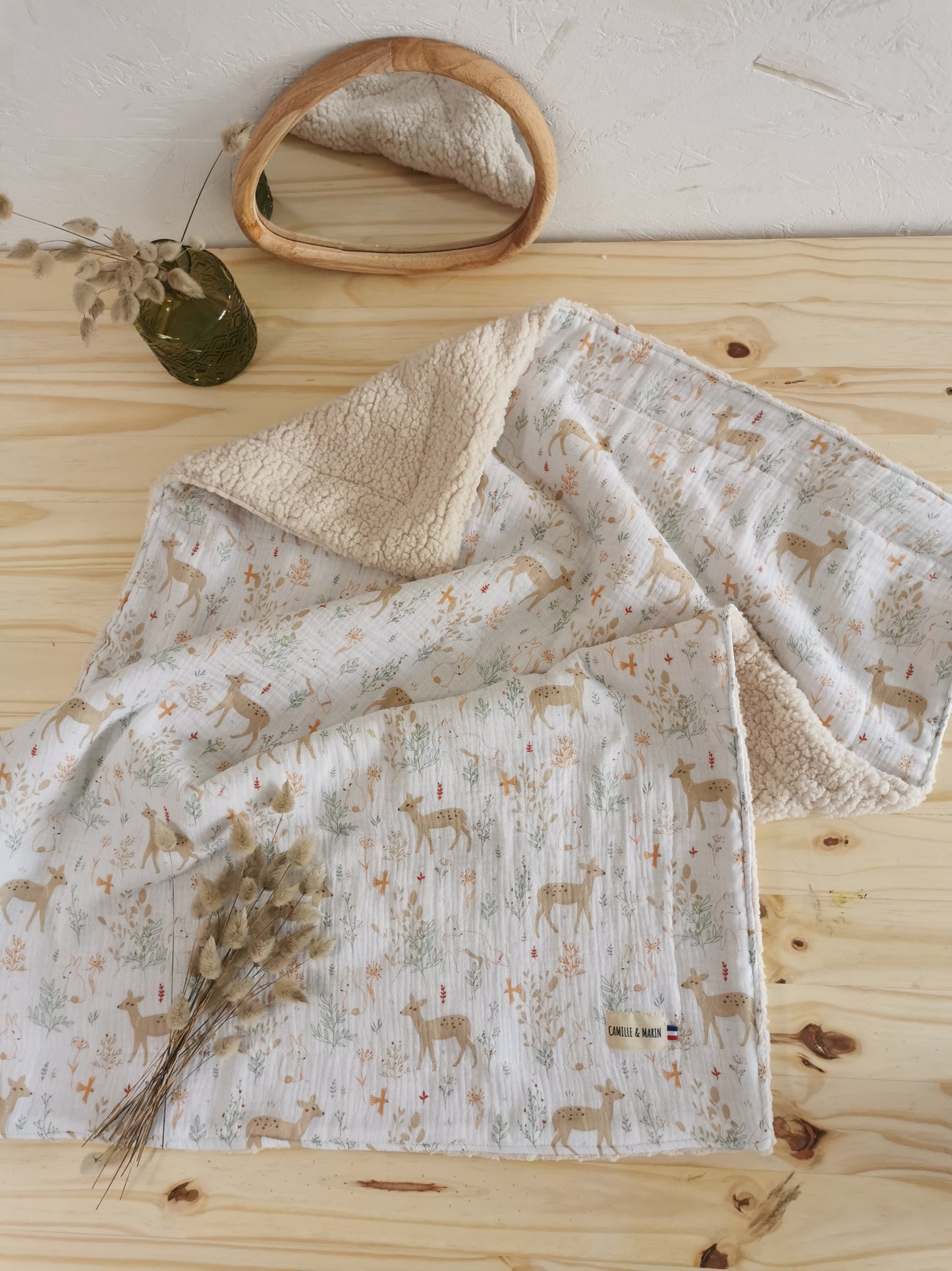 Couverture Bébé forêt sherpa Oeko-tex - Cadeau de Naissance