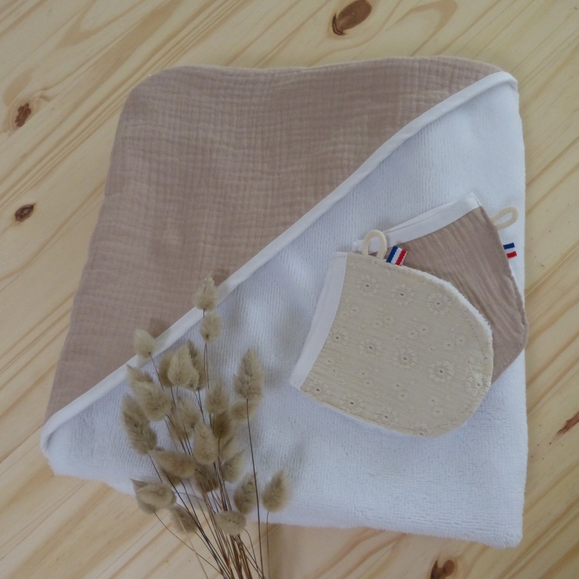 cape de bain double gaze beige et micro éponge bambou douce