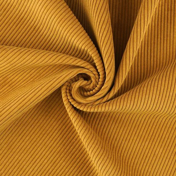 Velours épais côtelé 5mm ocre
94% Polyester 6% Polyamide
Lavage : 30° 
Oeko-tex : oui
Blanchiment : Blanchiment à proscrire
Repassage : Repassage au fer froid (110 °C)
Nettoyage à sec : Nettoyage à sec à proscrire
Séchage : Séchage en machine à proscrire